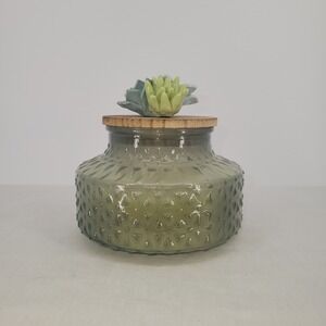 East West Succulent Topper Textured Green Glass Scented Candle 14.1oz Wood Lid